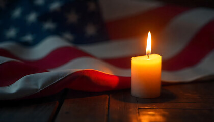 A lit candle in front of an American flag draped on a surface, HD and 4k image
