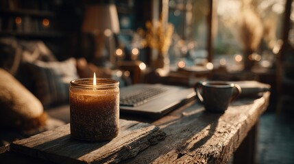 Cozy cafe scene with candle, laptop, and coffee