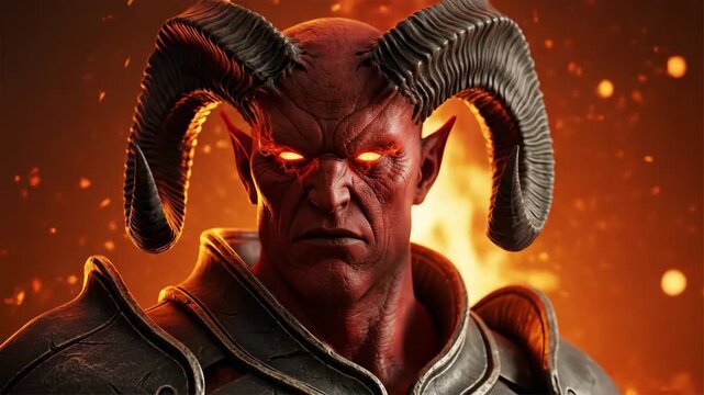 A powerful and evil red demon with large horns and glowing eyes looks menacingly from a fiery hell in a dark fantasy or video game scene

