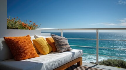 Coastal balcony with colorful cushions