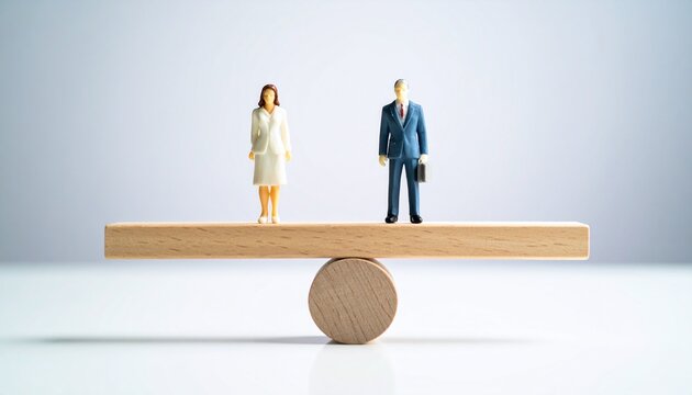 Image of two miniature figures of a man and a woman standing on a balanced seesaw, symbolizing equality
