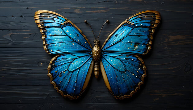 Blue and Gold Butterfly on Dark Wooden Background