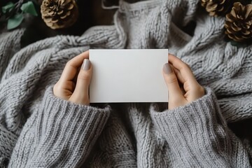 woman's hands in grey knit sweater holding blank postcard mockup.