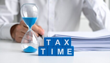 Tax Time Concept: Hourglass and tax time blocks emphasizing the importance of time for tax season.