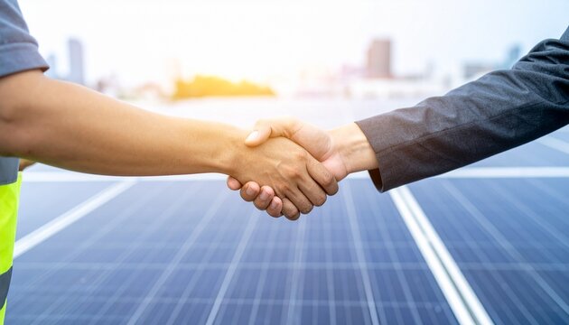 Two figures shaking hands in front of a solar panel, representing agreement or a deal, with a cityscape in the background. A symbol of a collaboration in renewable energy