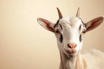 young dairy goat with visible udder on solid cream background.