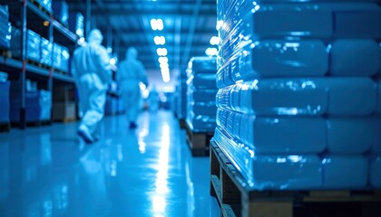 Inside a warehouse setting, workers in protective gear handle supplies near stacked pallets. The scene is lit with a cool blue tone