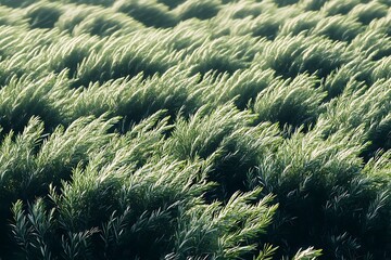 A meticulously organized olive tree plantation, with silvery-green leaves rustling in the gentle breeze 
