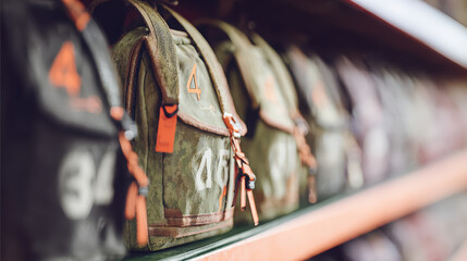 Backpacks on sale hang neatly in shop displaying various colors and numbers creating inviting scene for shoppers looking for durable and stylish bags