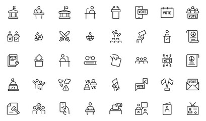 Politics line icon set. It contains vector icons of Teams, Decrees, Votes, Campaigns, Demographics, Elections, Flags, Solutions, and Checking. Thin outline icons pack.