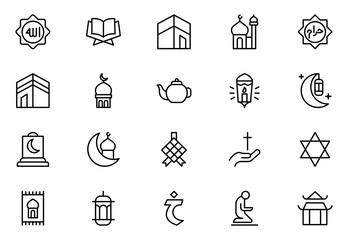 Religion and faith icon set. Religious icon collection in line style. Related to Islma, Christian, Hinduism, Judaism.Thin outline icons pack. Vector illustration. editable stroke