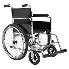 Fototapeta premium A silver and black wheelchair with armrests and footrests is displayed against a white background.