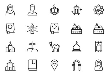 Religion and faith icon set. Religious icon collection in line style. Related to Islma, Christian, Hinduism, Judaism.Thin outline icons pack. Vector illustration. editable stroke
