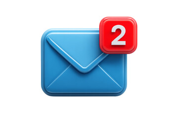 3d blue E-mail with two red notifications icon isolated on transparent background.