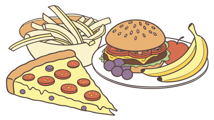 A delicious assortment of fast food and fruit including a slice of pepperoni pizza french fries a hamburger and bananas