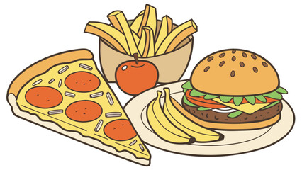 A delicious cartoon illustration of a meal featuring pizza a hamburger french fries an apple and bananas