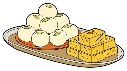 A delightful assortment of sweet treats including round white desserts with green tops and yellow rectangular pastries with sesame seeds