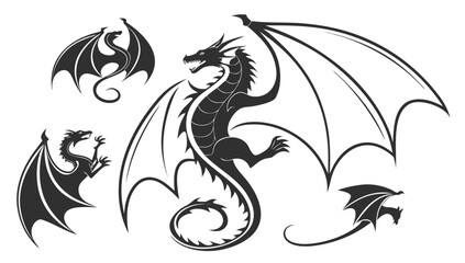 Collection of stylized black dragon silhouettes in various dynamic poses against a white background