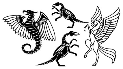 Collection of stylized mythical creatures including a winged serpent dragon and a griffin on a white background