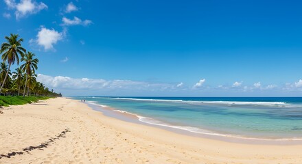Obraz premium Palm trees line the sandy beach on a tropical island under a clear blue sky, creating a serene and idyllic vacation scene.