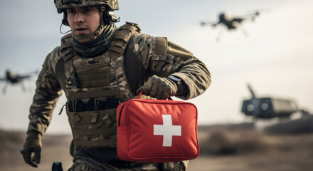 Soldier running on battlefield in military uniform carrying first aid kit, for military and combat medic concept