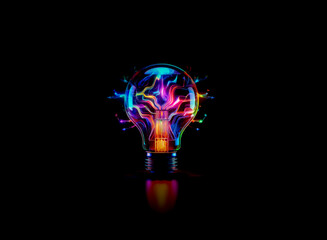 A luminous light bulb filled with vibrant, colorful lines illuminates against a stark black backdrop, evoking a sense of futuristic innovation and bright ideas.