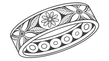 Elegant black and white line art illustration of a decorative ring with floral and circular patterns