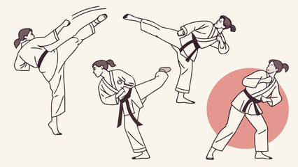 Female martial artist in traditional uniform performing dynamic kicks and stances in a stylized illustration
