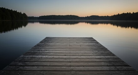 Obraz premium Serene Sunrise Over Calm Lake With Wooden Dock