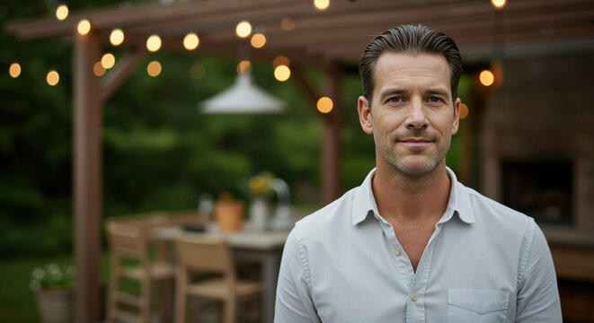 Man in light blue shirt standing in outdoor patio with string lights. Men's grooming and casual styling services for evening entertainment and social gatherings