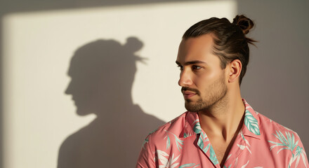 Man with man bun hairstyle in pink tropical shirt looking away thoughtfully. Men's grooming and trendy hairstyling services for hipster fashion