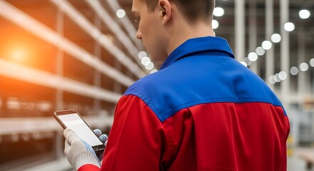 A warehouse worker uses a smartphone to manage inventory, showcasing tech integration in logistics.
