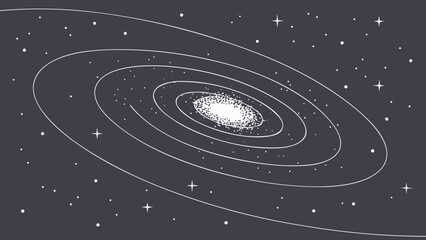 Stylized illustration of a spiral galaxy with swirling arms and a bright central core against a dark starry sky