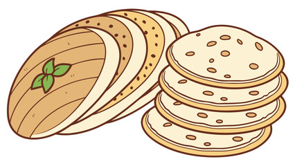 Stylized illustration of sliced potatoes and round crackers with a sprig of basil on a white background