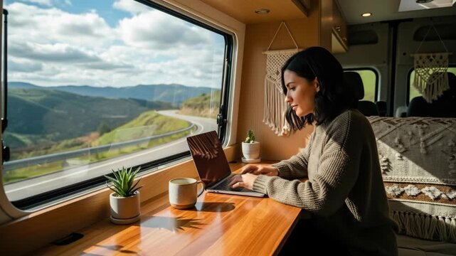 A young woman works remotely on her laptop from inside a camper van enjoying the freedom and adventure of a digital nomad and van life lifestyle

