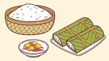 Traditional vietnamese banh chung and a bowl of steamed rice with side dishes presented in a charming illustration