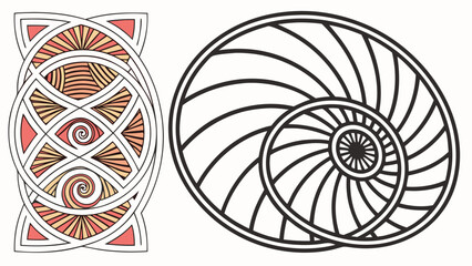 Two abstract geometric designs one a celtic knot pattern with spirals and rays the other a nautilus shell cross section