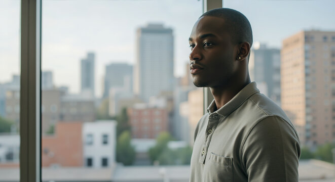 African American man in light green shirt by window with city view. Indoor professional portrait for barbershop advertising, hair care products, styling services