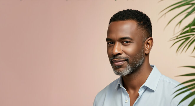Mature African American man with grey beard in light blue shirt smiling against pink background. Professional portrait for anti-aging products, barbershop services, hair care treatments