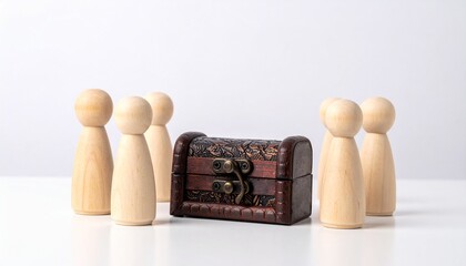 A wooden chest surrounded by wooden dolls, a concept of hidden treasures and mysteries. The dolls' arrangement draws attention to the central chest, evoking curiosity