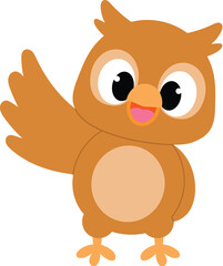 cute brown owl character hello, funny owl raise wing cartoon, cheerful owl  cartoon, adorable owl mascot illustration, isolated bird cartoon