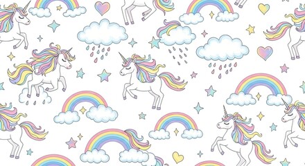 Magical Unicorns Rainbows Kids Seamless Pattern High Quality Tileable Digital Background
