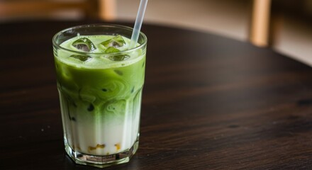 Fototapeta premium Iced Matcha Latte with Milk on Wooden Table