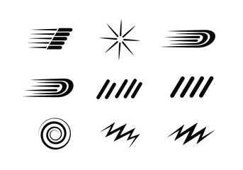 Collection of abstract graphic elements representing speed, motion, and energy with various stylized designs.