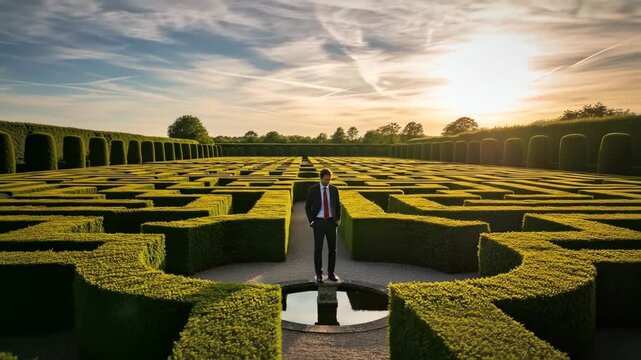 A successful and confident businessman stands at the center of a large and complex hedge maze a powerful metaphor for mastering business strategy and finding solutions

