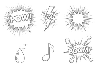 Obraz premium A collection of black and white comic book style sound effect bubbles and graphic icons.
