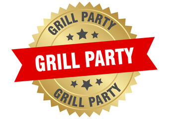 grill party. grill party round red and gold label isolated on transparent background