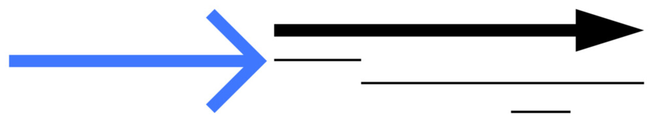 Blue arrow facing right alongside thinner black arrows of varying lengths. Ideal for concepts thumbs up speed, progress, movement, direction, competition, leadership, simplicity. A simple flat