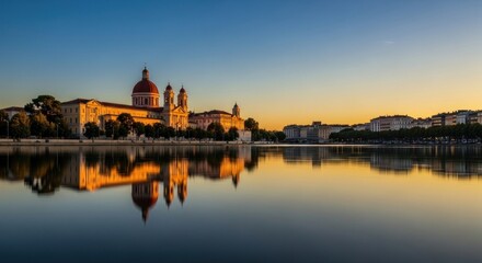 Fototapeta premium A serene cityscape featuring a large building with domes reflected in calm water during a golden hour sunset.