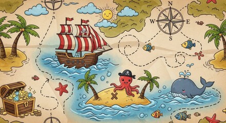 Pirate Adventure Map Kids Seamless Pattern High Res Tileable Design for Textiles